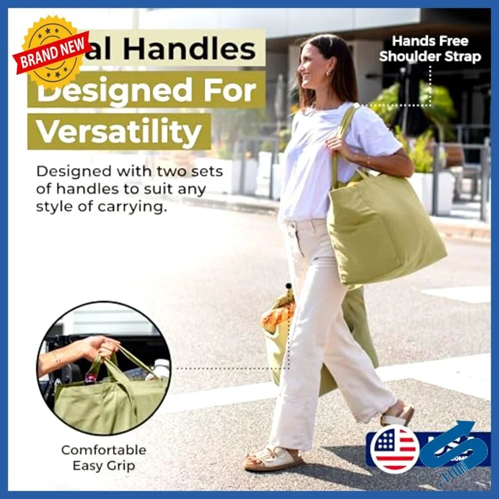 Heavy Duty Canvas Grocery Tote Set Foldable Washable with Pockets